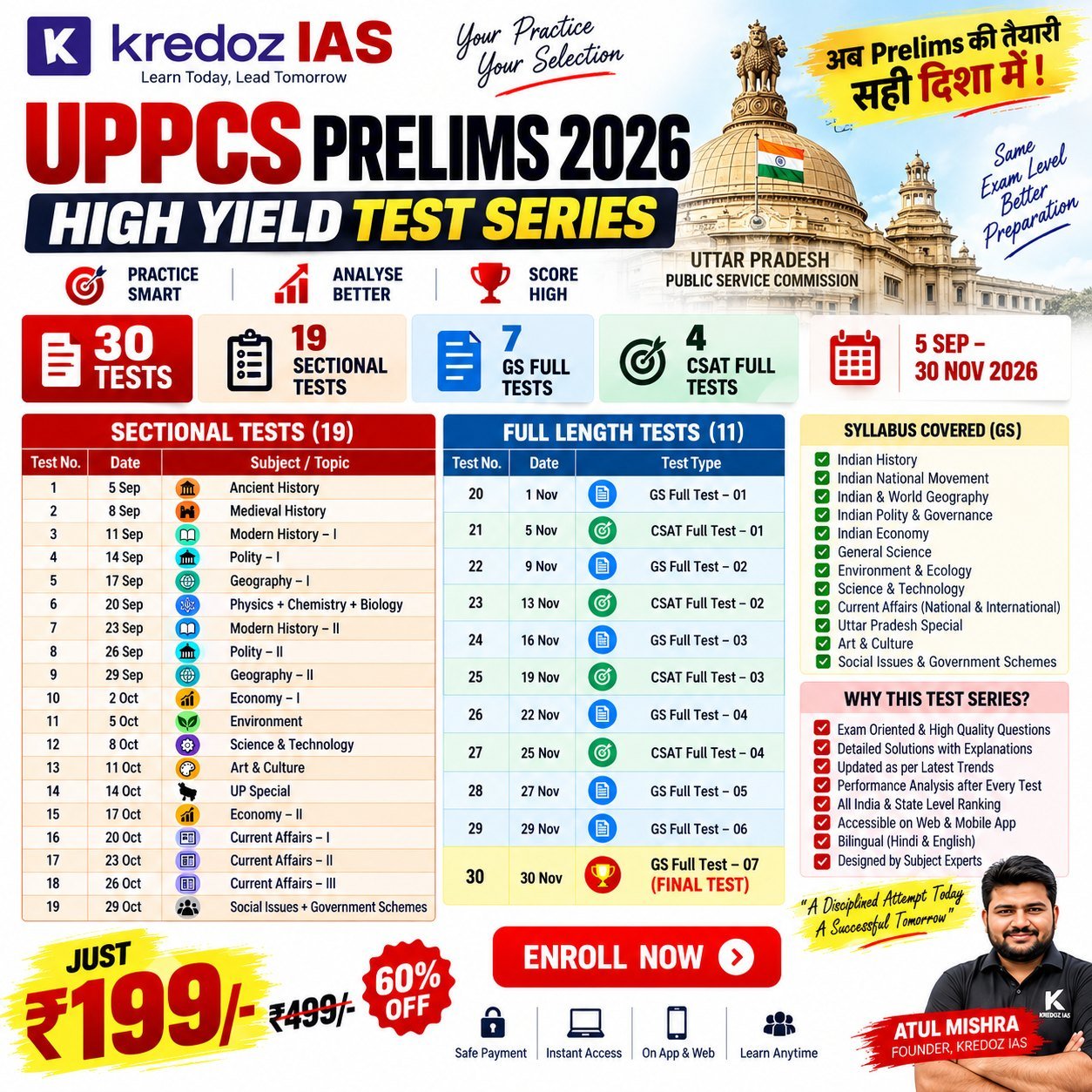 UPPCS Prelims 2026 High Yield Test Series 30 Tests ₹199 Schedule - Kredoz IAS